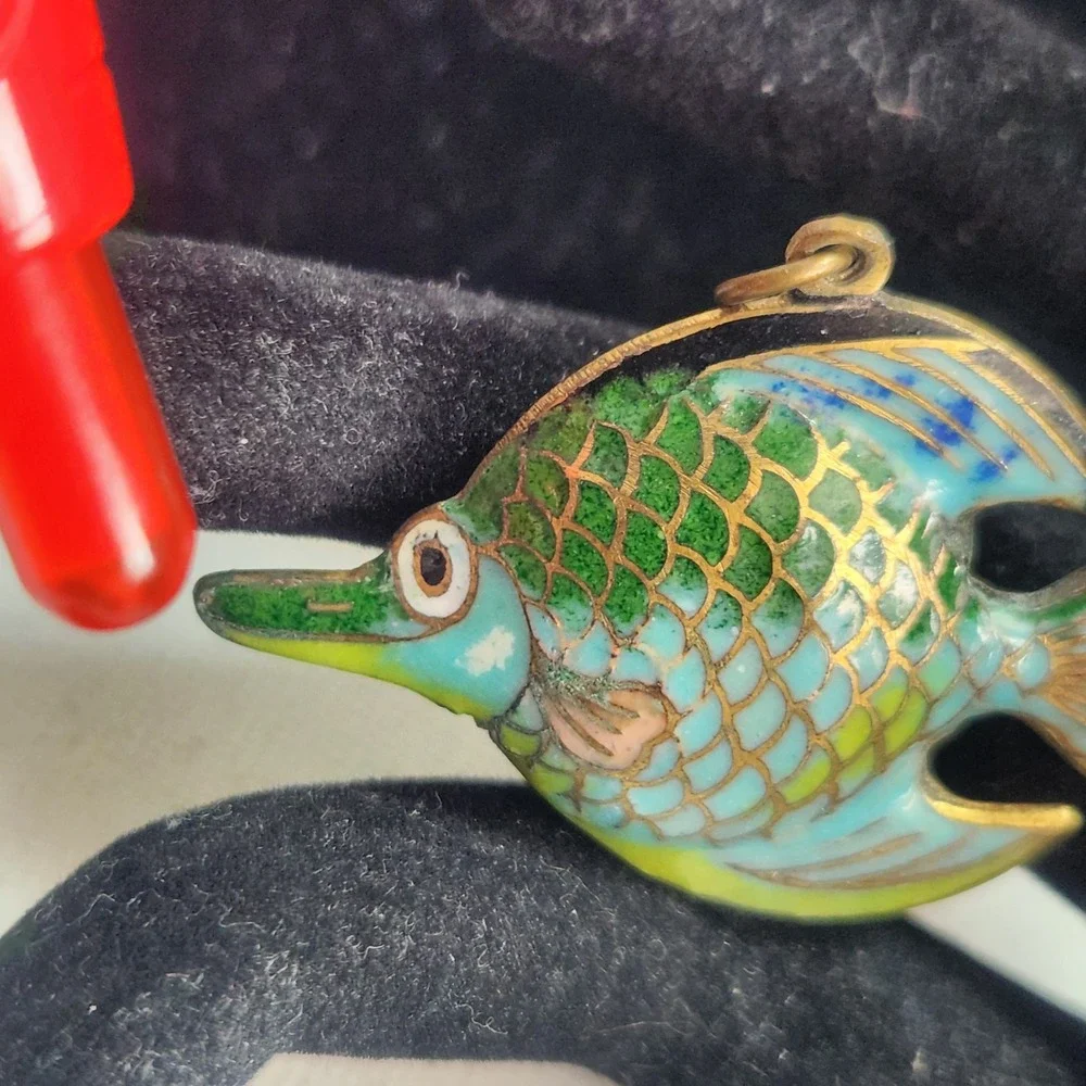 Vintage‎ Cloisonne Enamel Fish Pendant Blue Green Tropical Charm Double Sided